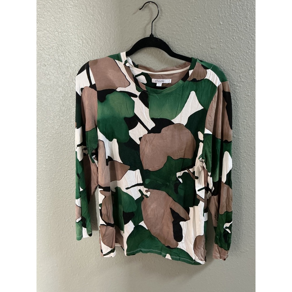 Chico's Long Sleeve Top Womens 2 L Green Abstract Leaf Excellent Casual
